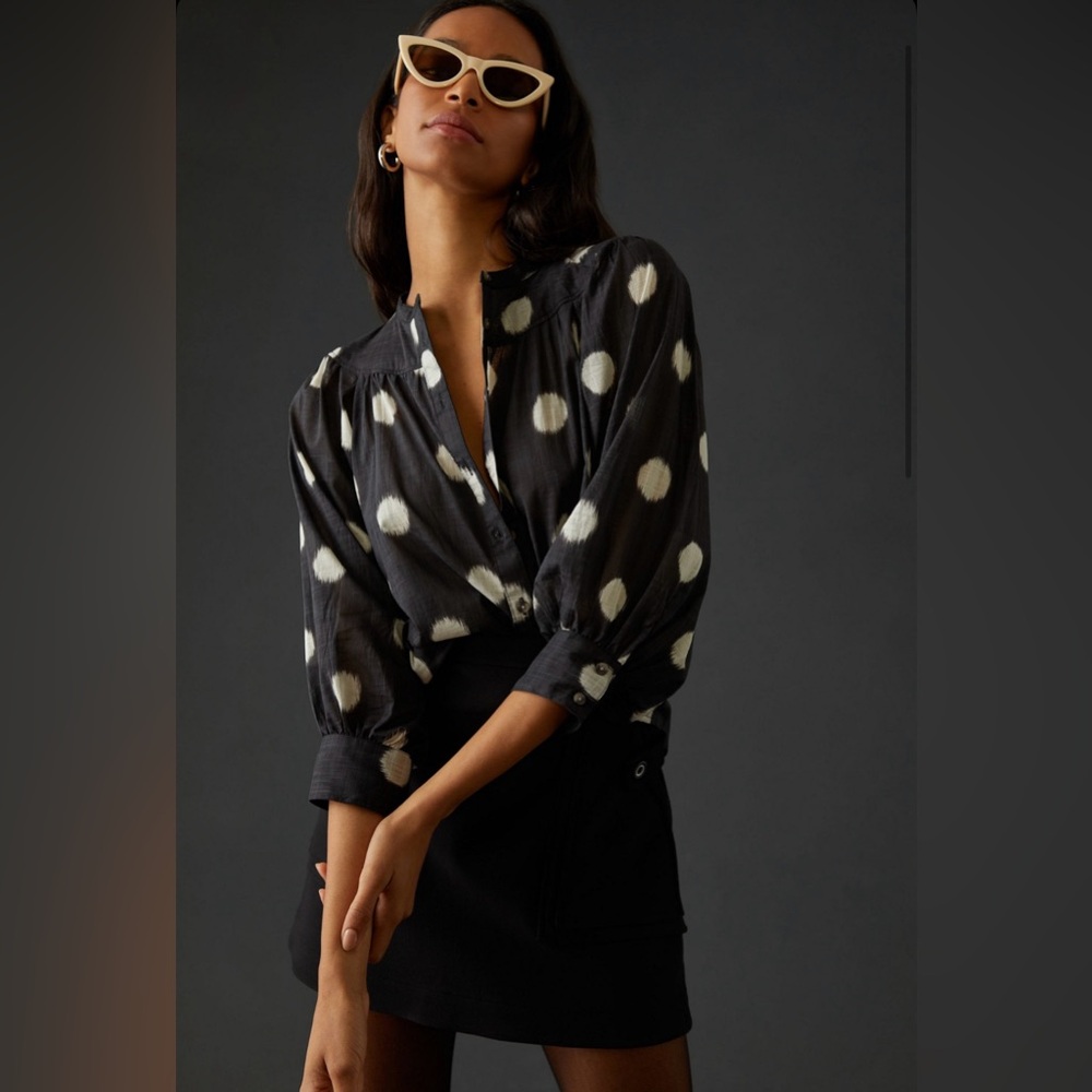 Anthropologie Black Polka Dot Blouse with Cream Spots